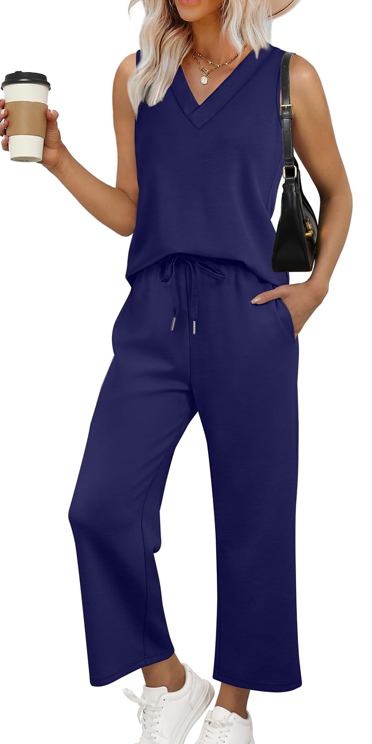 WIHOLL Two Piece Sets for Women Summer Outfits Matching Lounge Sets Wide Leg Crop Pants Vacation Travel