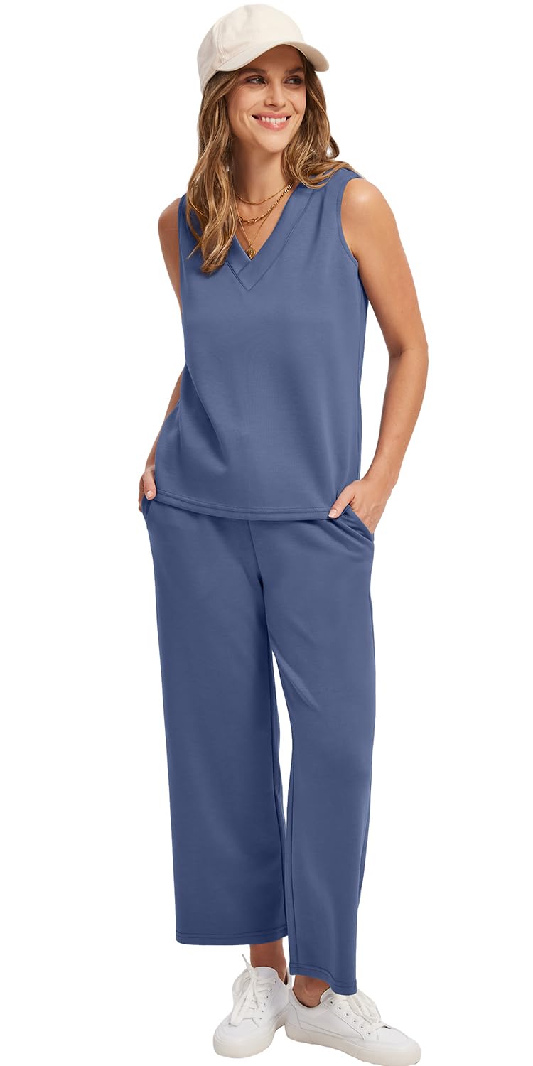 WIHOLL Two Piece Sets for Women Summer Outfits Matching Lounge Sets Wide Leg Crop Pants Vacation Travel