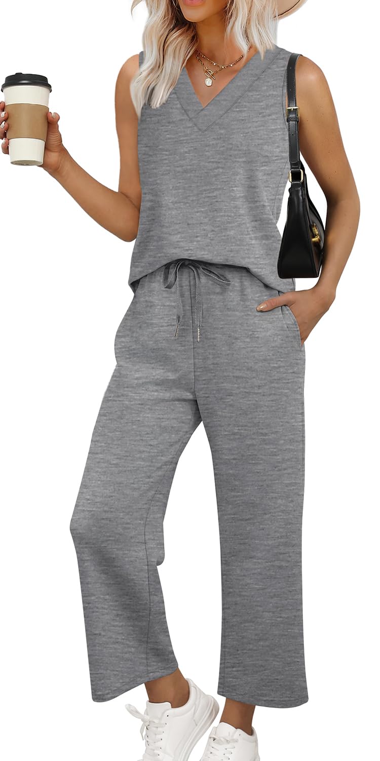 WIHOLL Two Piece Sets for Women Summer Outfits Matching Lounge Sets Wide Leg Crop Pants Vacation Travel