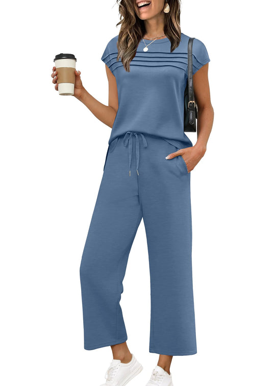 WIHOLL Two Piece Sets for Women Summer Travel Vacation Outfits Cap Sleeve Lounge Matching Sets Wide Leg Pants S-3XL