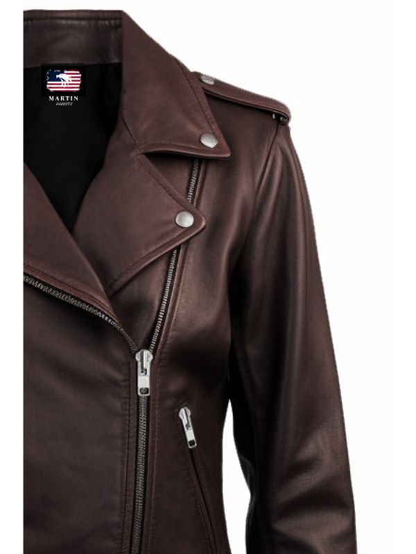 Women Biker Leather Jacket Dark Brown