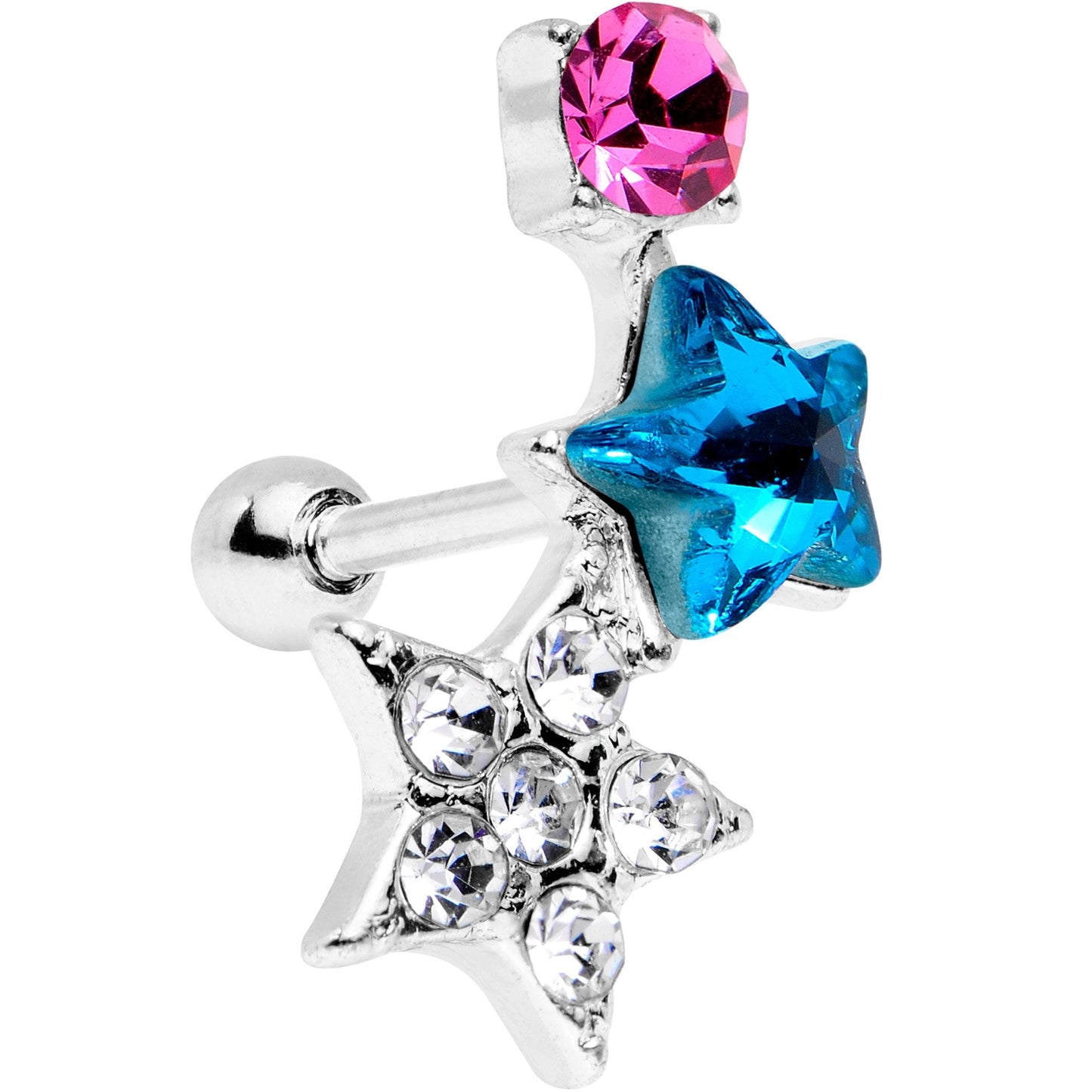 18G 1/4 Blue Pink Gem Stars on Stars Cartilage Tragus Earring